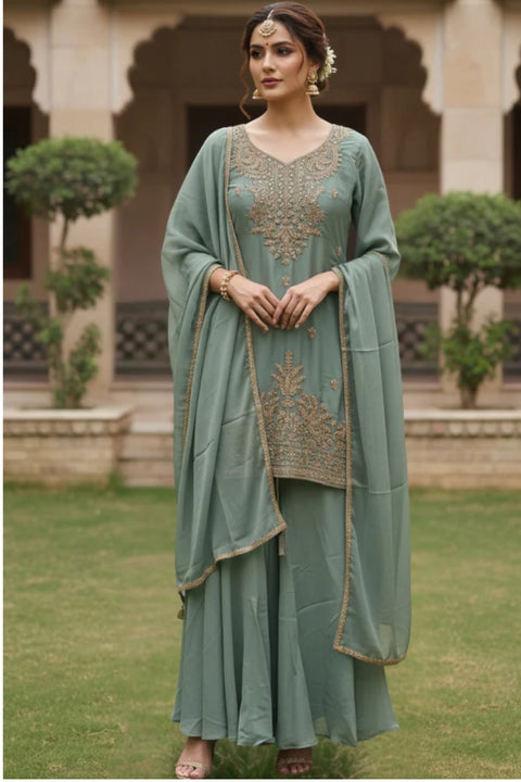 Pastel Green Colour Georgette Sequins Cutdana Work Embroidery Suit & Palazzo With Dupatta (D1863)