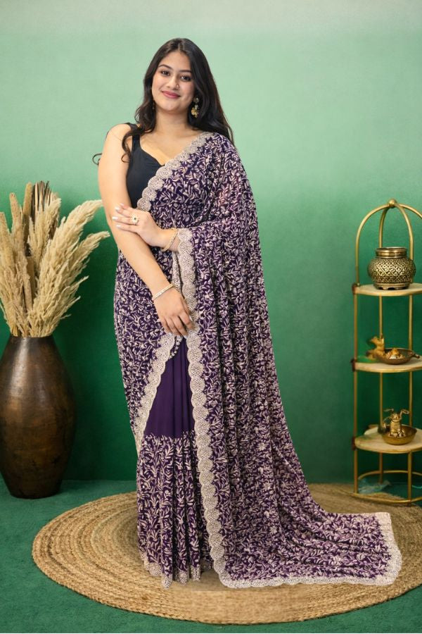 Violet & White Georgette Saree – Stone Thread Work Designer Saree (D946)