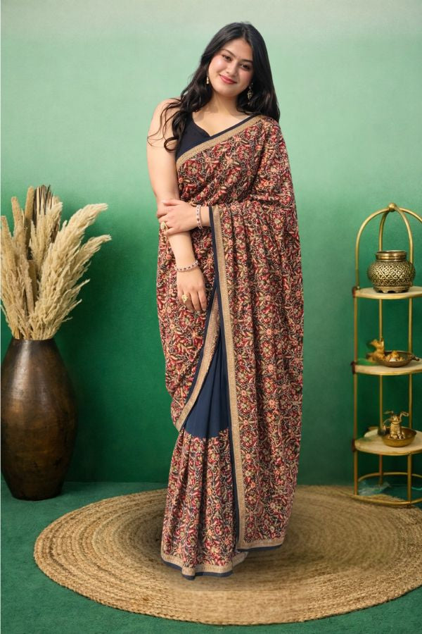 Teal Blue Georgette Saree with Stone Theard  Work (D950)