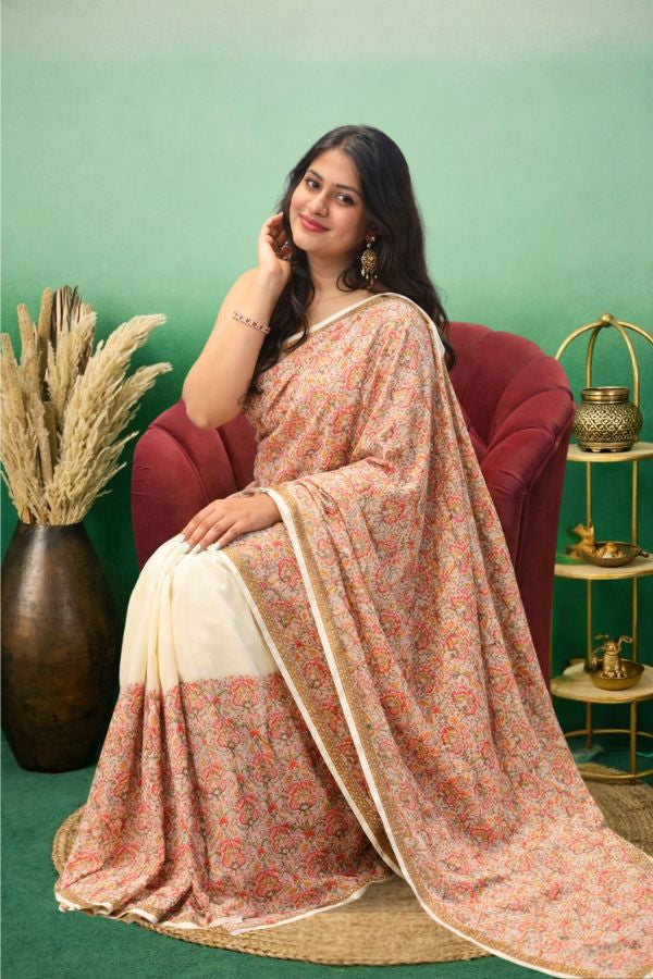 Cream & Multi Georgette Saree – Stone Thread Work Designer Saree (D951)