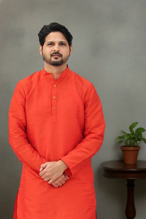 Designer Dark Orange Silk Kurta Pajama (D62)