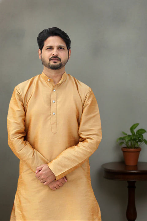 Designer Golden Color Silk Kurta Pajama (D63)