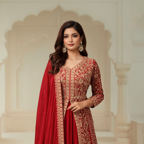 Red Colour Georgette Golden Zari Sequins Floral Embroidered Anarkali Suit Set (D1817)