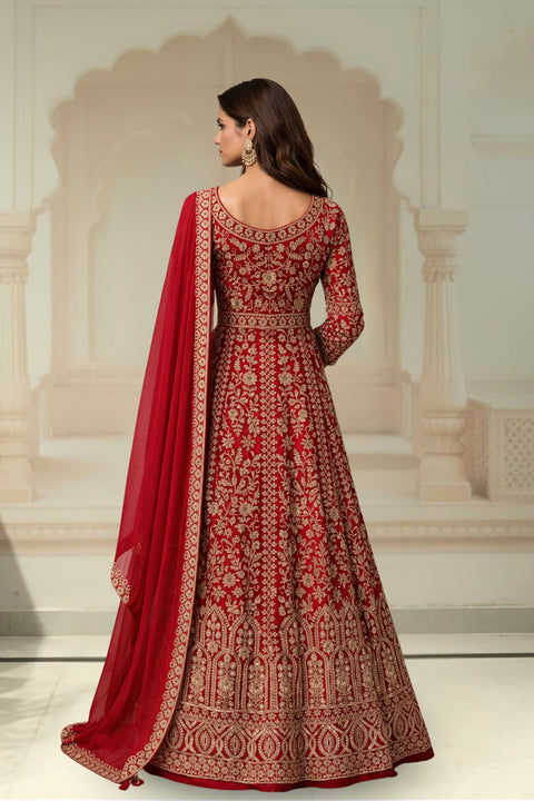 Red Colour Georgette Golden Zari Sequins Floral Embroidered Anarkali Suit Set (D1817)