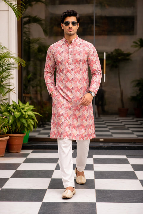 Men's Designer Red Color Cotton Kurta Pajama (D145)