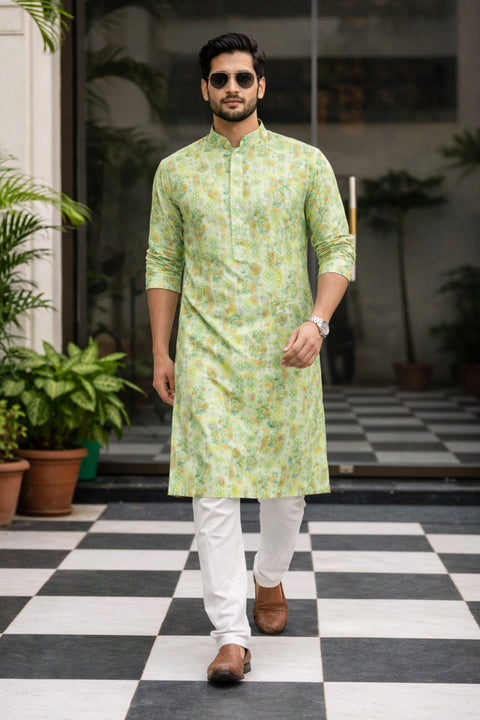 Men's Mango Green Cotton Kurta Pajama With Thread Work (D192)