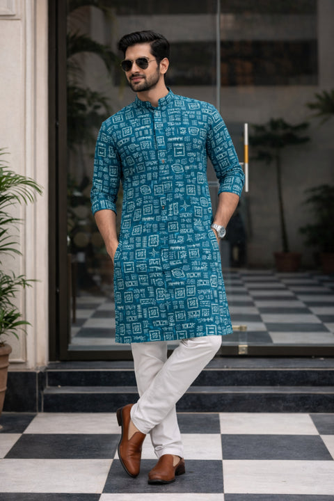 Men's Printed Teal Green Color Cotton Kurta Pajama (D185)