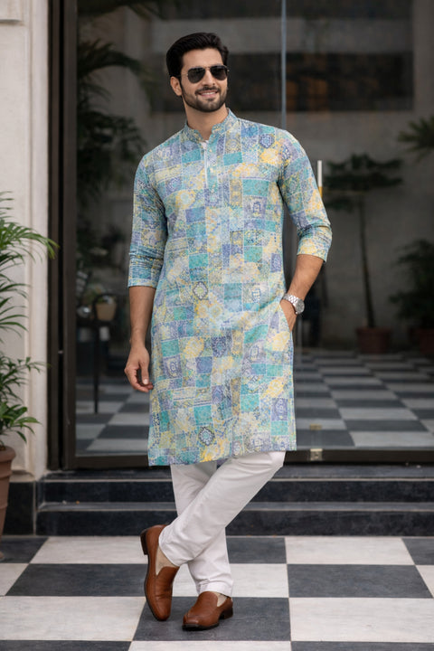 Men's Sophisticated Green & White Color Cotton Kurta Pajama (D184)