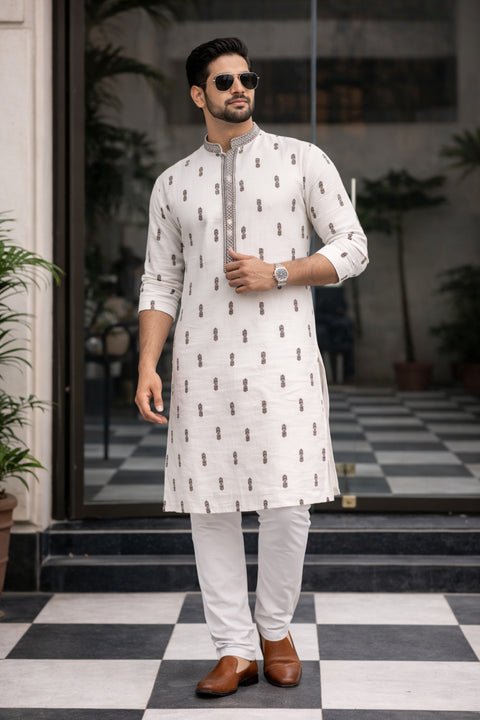 Festive White & Brown Color Embroidered Cotton Kurta Pajama Set (D183)