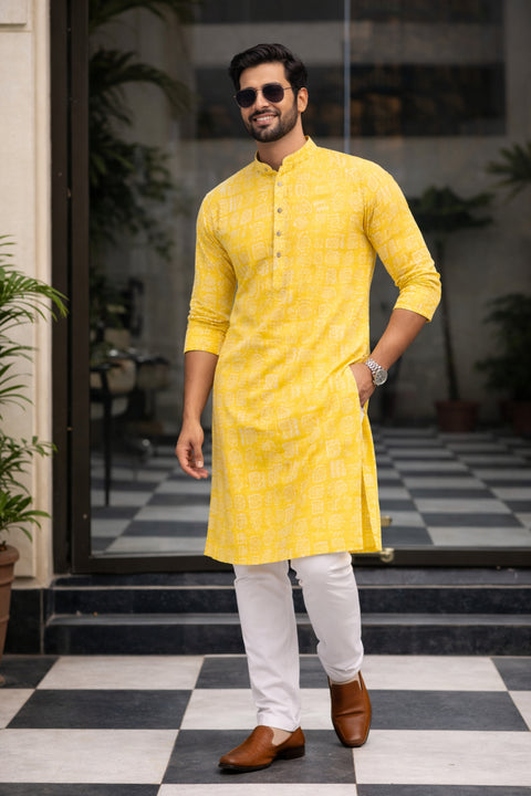 Men's Designer Yellow Color Cotton Kurta Pajama (D181)