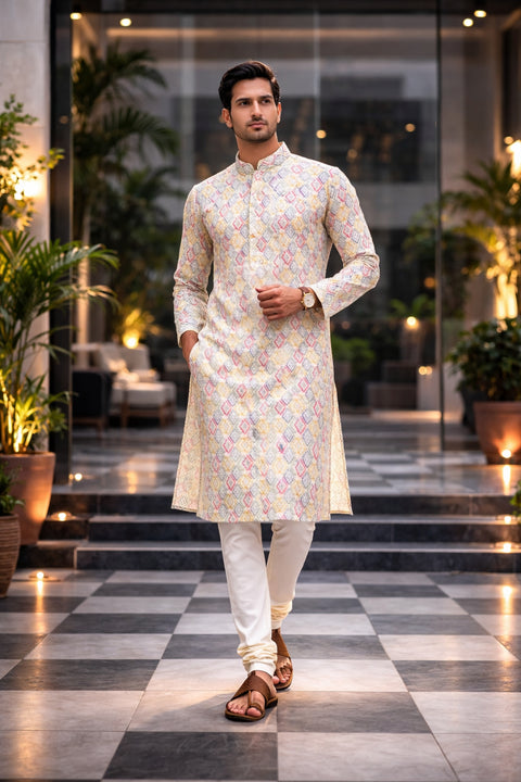 Men's Designer Multi Color Cotton Kurta Pajama (D142)
