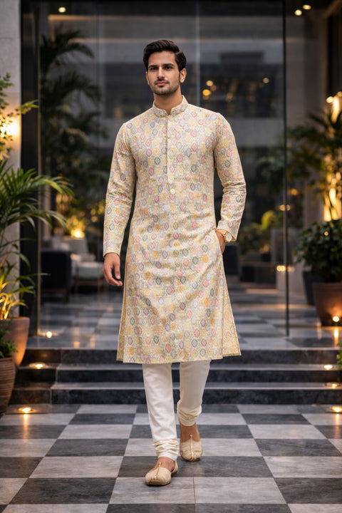 Men's Designer Yellow-Multi Color Cotton Kurta Pajama (D143)