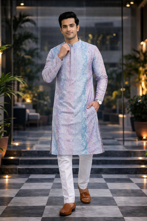 Men's Designer Sky Blue & Pink Color Cotton Kurta Pajama (D172)