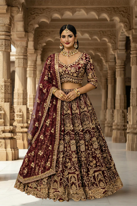 Maroon Fabric Net Sequins Bead Work & Embroidery Lehenga & Blouse With Dupatta (D957)