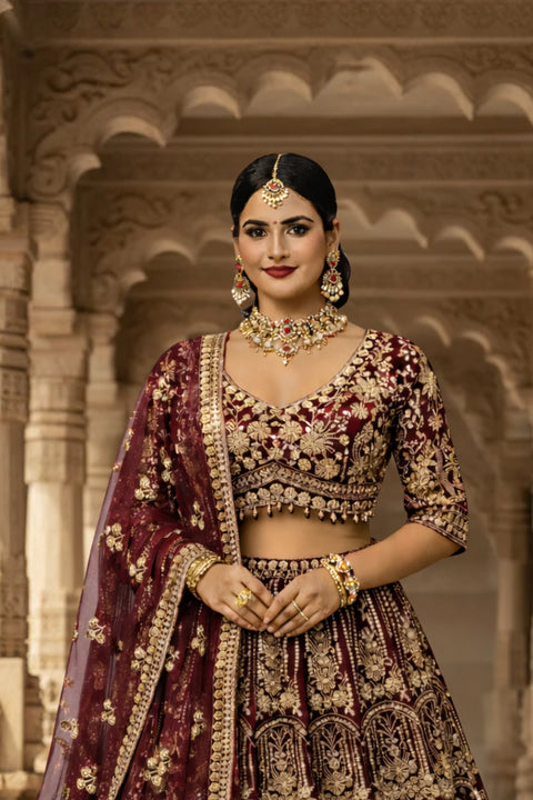 Maroon Fabric Net Sequins Bead Work & Embroidery Lehenga & Blouse With Dupatta (D957)