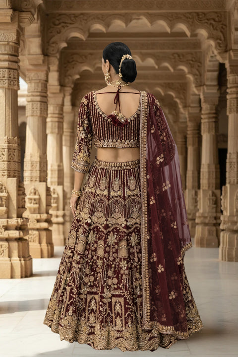 Maroon Fabric Net Sequins Bead Work & Embroidery Lehenga & Blouse With Dupatta (D957)