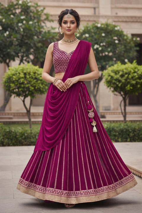 Magenta-Georgette Fabric Sequins Embroidery Lehenga & Blouse With Dupatta (D967)