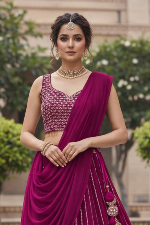 Magenta-Georgette Fabric Sequins Embroidery Lehenga & Blouse With Dupatta (D967)