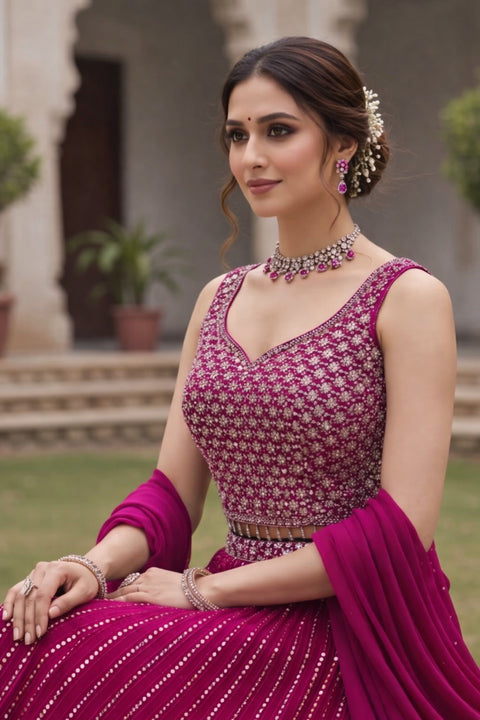 Magenta-Georgette Fabric Sequins Embroidery Lehenga & Blouse With Dupatta (D967)