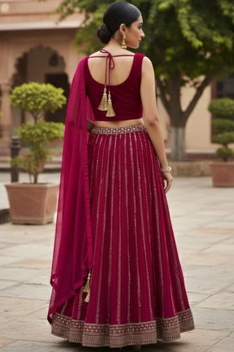 Magenta-Georgette Fabric Sequins Embroidery Lehenga & Blouse With Dupatta (D967)