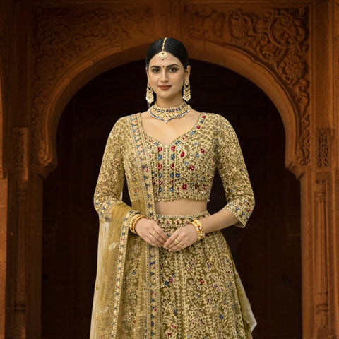 Mehndi Green Net Stone & Beads Work Embroidery Lehenga choli & Dupatta (D962)