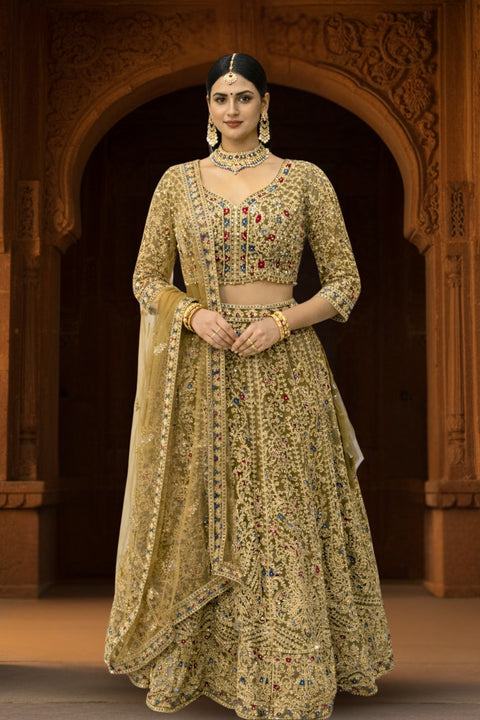 Mehndi Green Net Stone & Beads Work Embroidery Lehenga choli & Dupatta (D962)