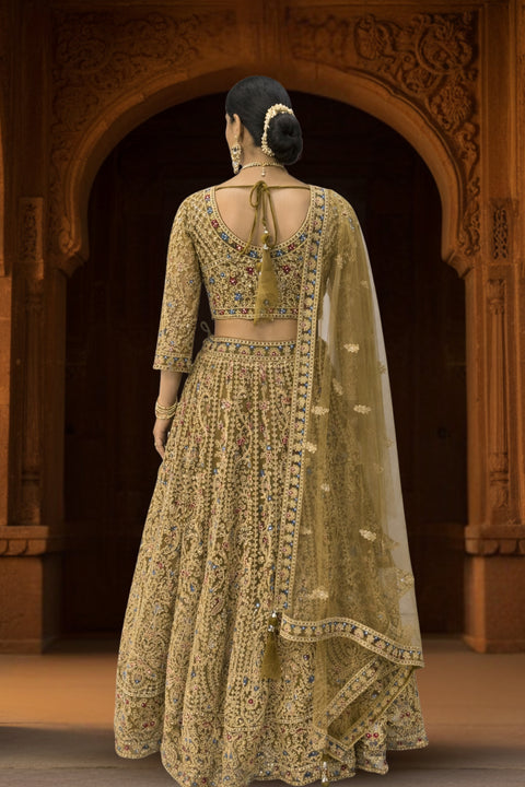 Mehndi Green Net Stone & Beads Work Embroidery Lehenga choli & Dupatta (D962)
