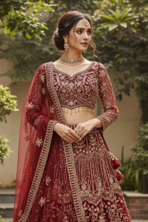 Maroon-Soft Net Fabric Sequence & Bead Work Embroidery Lehenga & Blouse With Dupatta (D971)