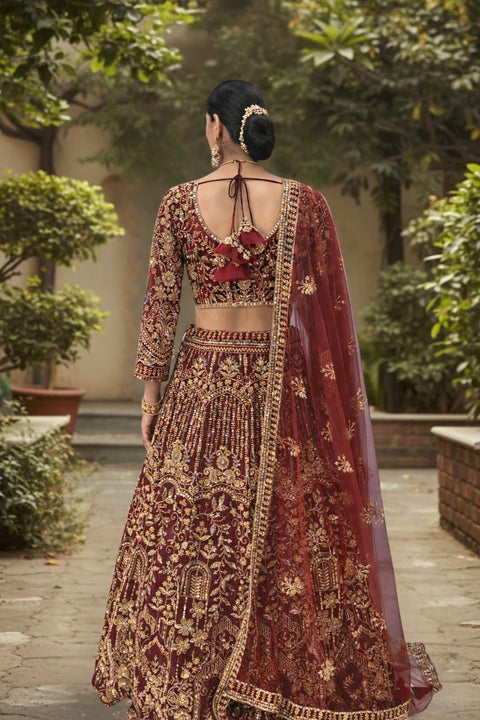 Maroon-Soft Net Fabric Sequence & Bead Work Embroidery Lehenga & Blouse With Dupatta (D971)