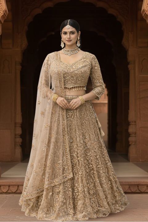 Light Golden-Soft Net Fabric Sequence & Bead Work Embroidery Lehenga & Blouse With Dupatta (D972)