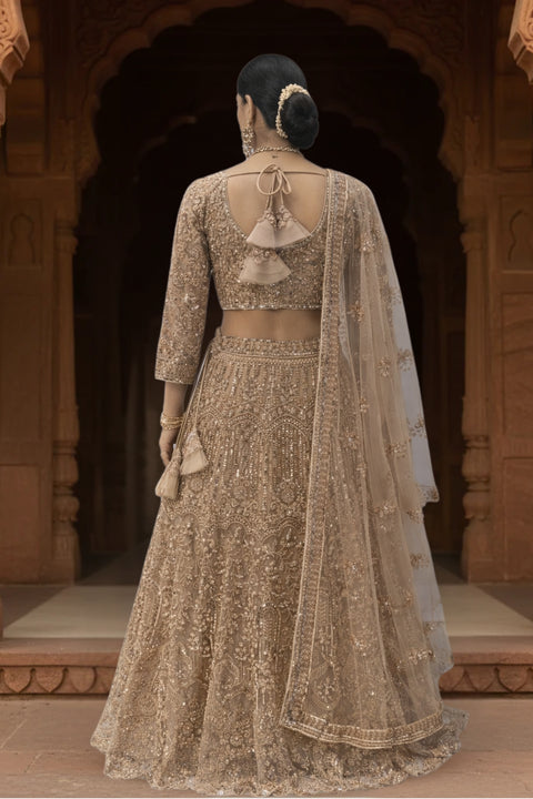 Light Golden-Soft Net Fabric Sequence & Bead Work Embroidery Lehenga & Blouse With Dupatta (D972)