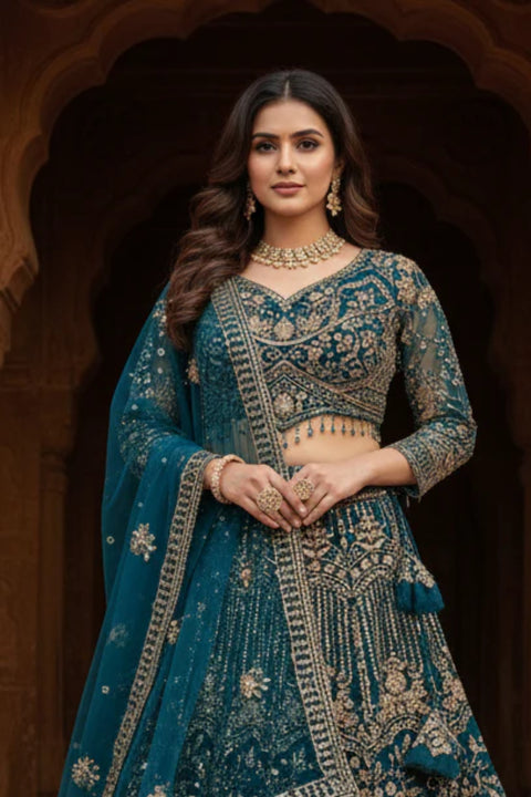Teal Green-Soft Net Fabric Sequence & Bead Work Embroidery Lehenga & Blouse With Dupatta (D973)