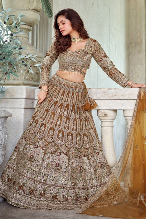 Mehndi Green-Net Fabric Sequence & Zarkan Work Embroidery Lehenga & Blouse With Dupatta (D974)