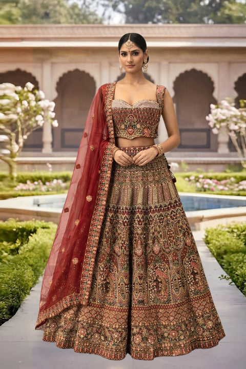 Lehenga Maroon Georgette Sequins Golden Zari Work Lehenga Choli (D999)