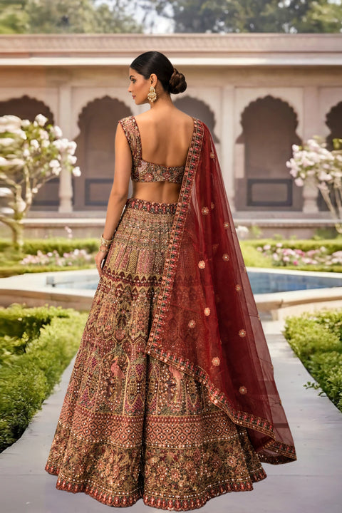 Lehenga Maroon Georgette Sequins Golden Zari Work Lehenga Choli (D999)