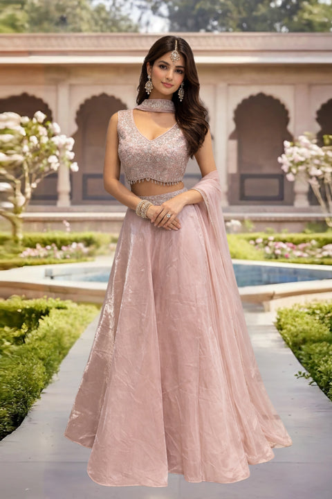 Pink Organza Net Sequins Beads Pearls Embroidery Lehenga & Blouse With Dupatta (D1006)