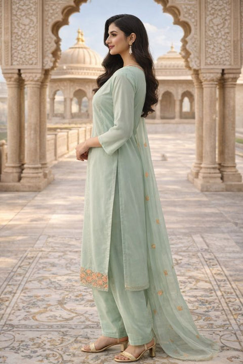 Light Green Colour Suit Pant & Dupatta Set With Embroidery Work (D1799)