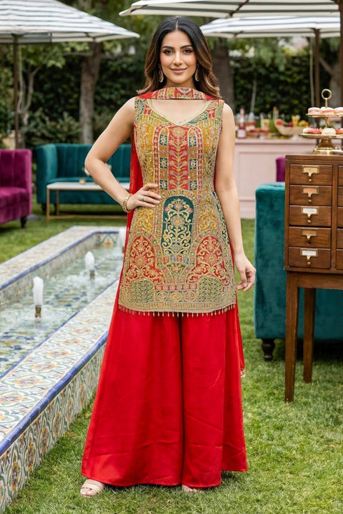 Red & Green Colour Silk Sequins Theard Work Embroidery Suit & Palazzo With Dupatta (D1858)