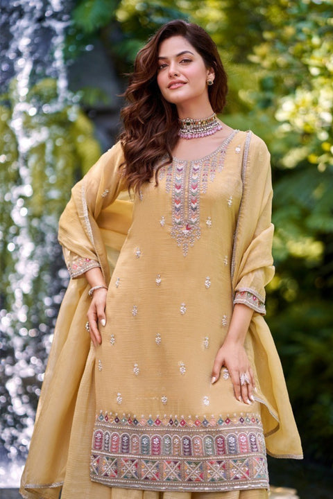 Suit Yellow Colour Simmer Tissue Sequins Cutdana Work Embroidery Suit With Garara (D1841)