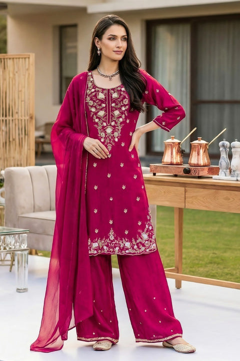 Suit Magenta Colour Chinon Silk Sequins Cutdana Work Embroidery Suit & Palazzo With Dupatta (D1867)