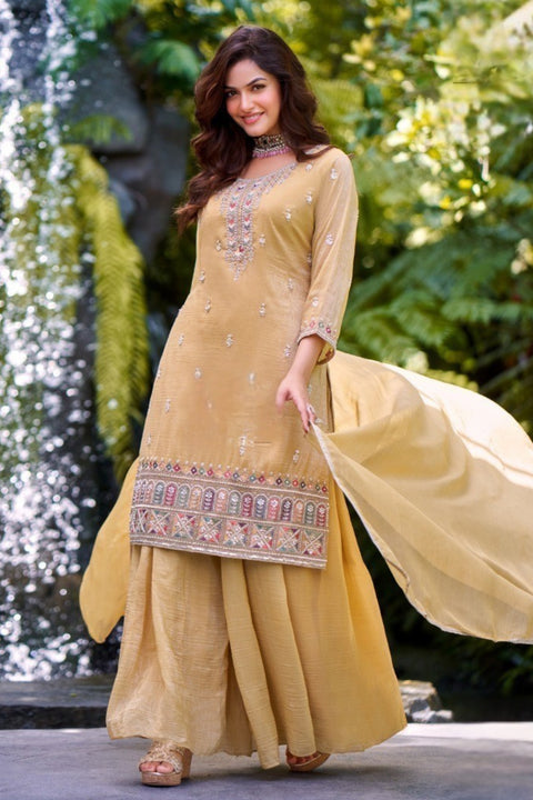 Suit Yellow Colour Simmer Tissue Sequins Cutdana Work Embroidery Suit With Garara (D1841)