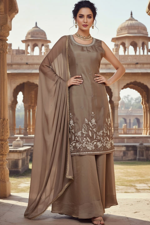 Mouse Colour Chinon Silk Sequins Cutdana Work Embroidery Suit & Palazzo With Dupatta (D1868)