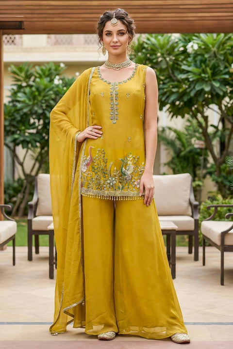 Women’s Yellow Colour Chiffon Sequins Cutdana Work Sleeveless Suit Set (D1829)