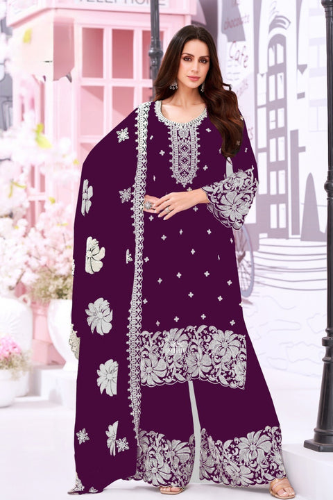 Purple Colour Georgette sequinse & Thread Work Embroidery Suit & Palazzo With Dupatta (D1870)