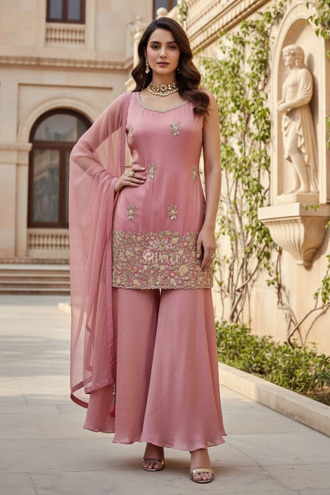 Carrot Pink Colour Tissue Silk Sequins Cutdana Work Embroidery Suit & Palazzo With Dupatta (D1879)