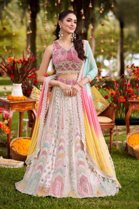 White & Multi-Georgette Fabric Sequins Golden Zari Work Embroidery Lehenga & Blouse With Dupatta (D993)