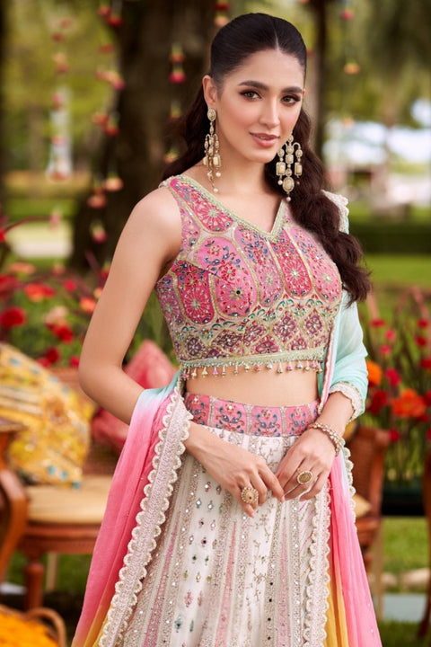 White & Multi-Georgette Fabric Sequins Golden Zari Work Embroidery Lehenga & Blouse With Dupatta (D993)