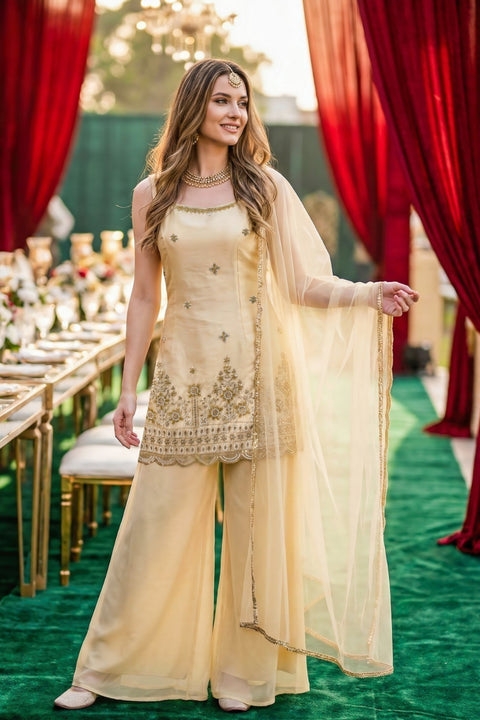 Beige Colour Simmer Tissue Sequins Cutdana Work  Beads Embroidery Suit & Palazzo With Dupatta (D1891)