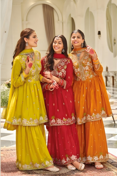 Chinon Sharara Suit With Embroidery Work Party Wear (D1703)