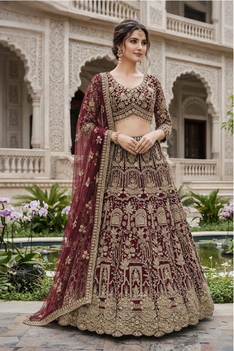 Maroon Fabric Net Sequins Bead Work & Embroidery Lehenga & Blouse With Dupatta (D957)